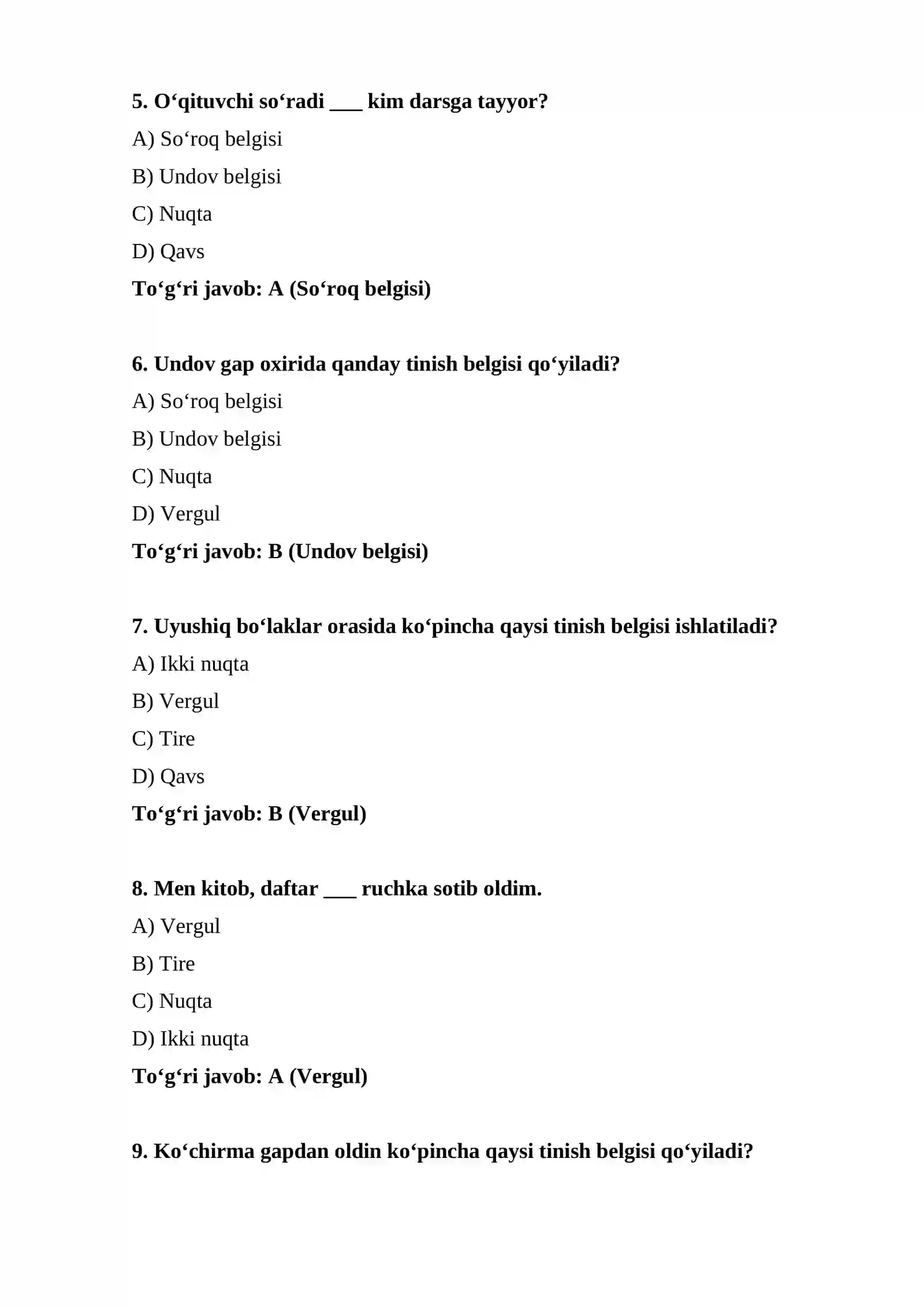 Punktuatsiyaga oid test topshiriqlari 2
