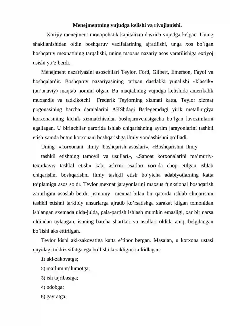 Menejment nazariyasi va amaliyotining rivojlanishi    Menejmentning vujudga kelishi va rivojlanishi.  Menejmentning turli xorijiy maqtablari tabakalanishi. Menejmentning nazariya va amaliyotini Rossiyada rivojlanishi. 4. Menejment rivojlanishida yangi bosqich. 2