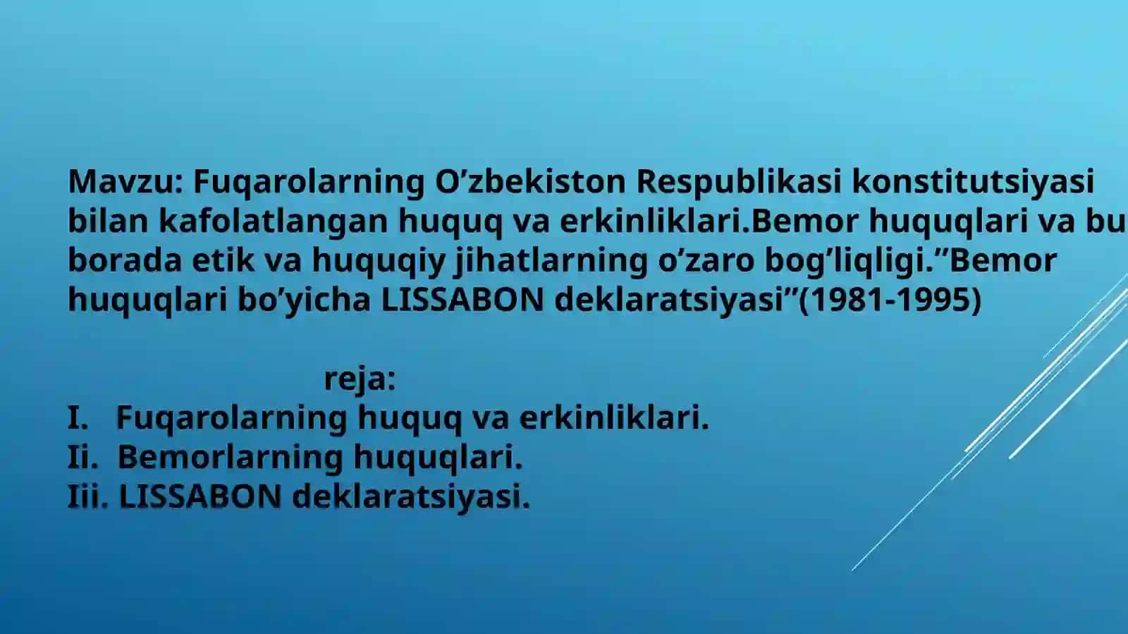 Prezentatsiya: Fuqarolarning O’zbekiston Respublikasi konstitutsiyasi bilan kafolatlangan huquq va erkinliklari 2