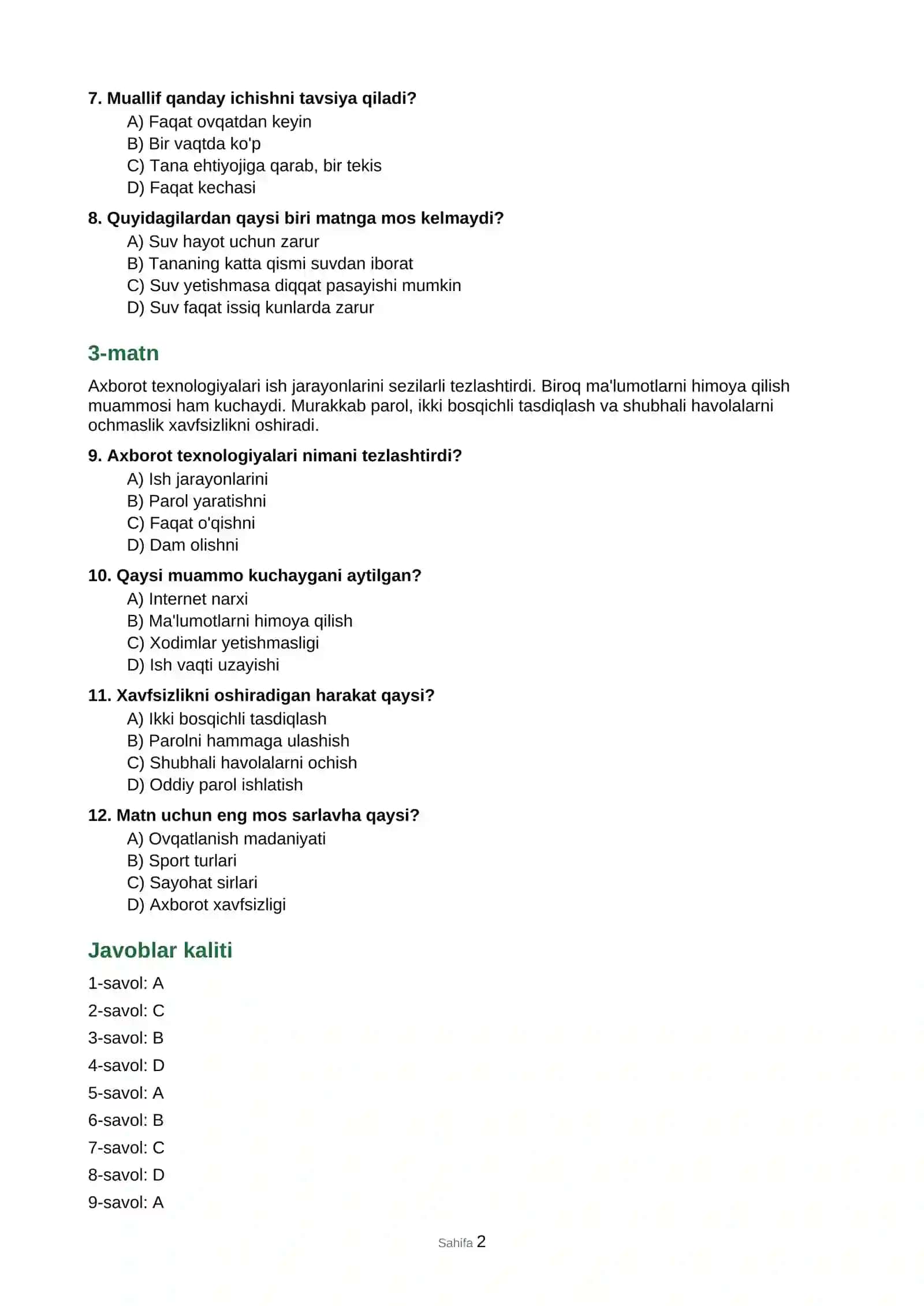 Matnni tushunish testlari 2