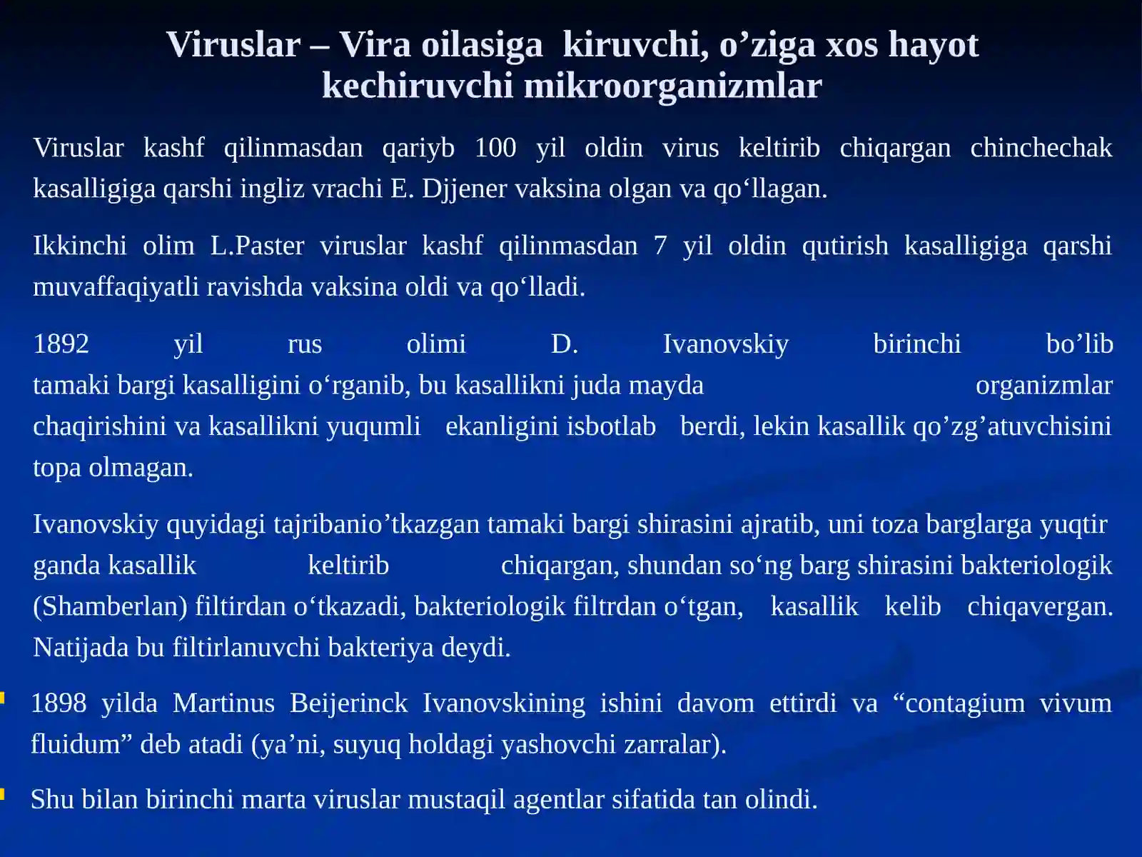 Ummumiyvirusologiya.Bakteriofaglar. Mikroorganizmlar ekologiyasi. Suv, tuproq, havo mikroflorasi. Odam organizmi mikroflorasi, ularni o’rganish usullari va tibbiyot amaliyotidaahamiyati 2