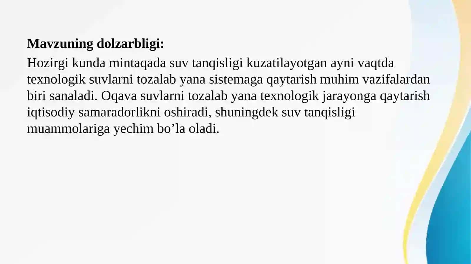 Oqovasuvlarni tozalash mavzusidagi malakaviy bitiruvchi asosida tayyorlagan taqdimot 2