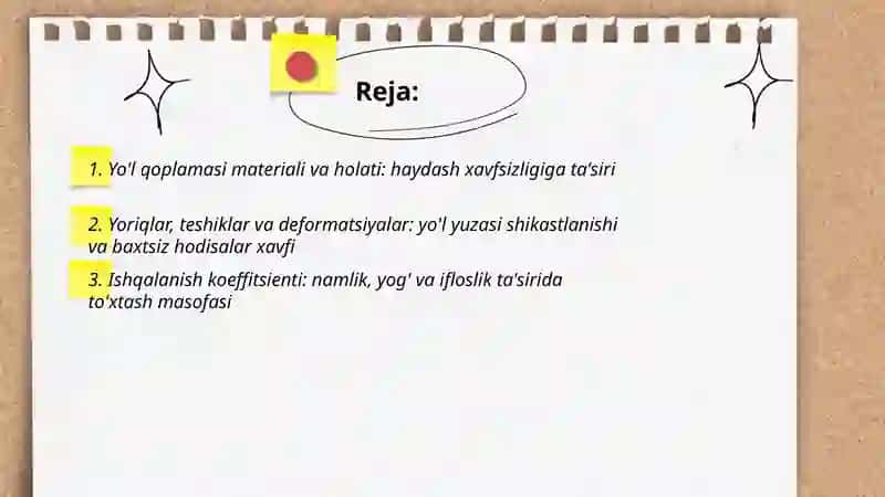 Yo'l sharoitini tasniflavchi ko'rsatkichlar va ularning harakat xavfsizligiga tasiri 2