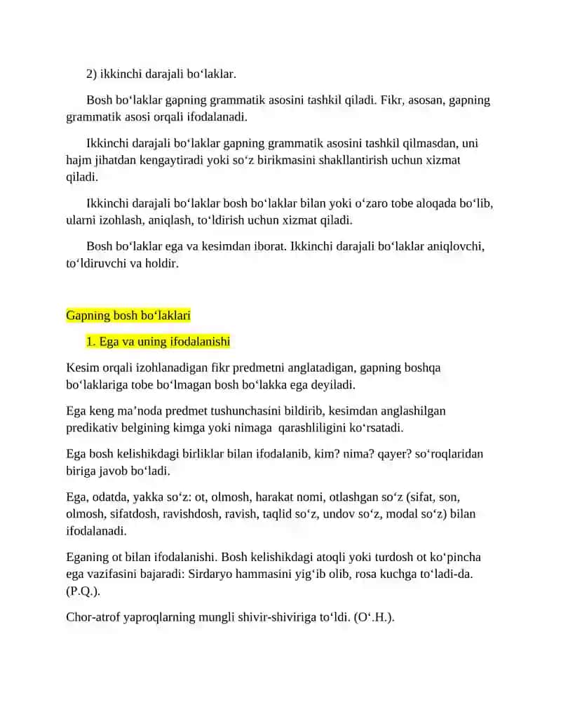 Gap bo'laklari haqida umumiy ma'lumot. Ega va kesim (bosh bo'laklar) ikki sostavli gaplar 2
