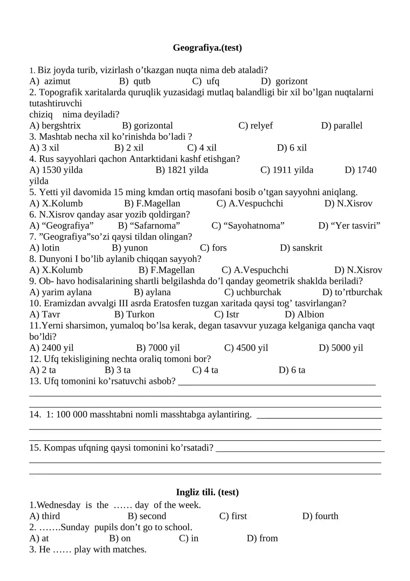 5-sinf. 2-chorak. 3-blok. MATEMATIKA. (test) 2