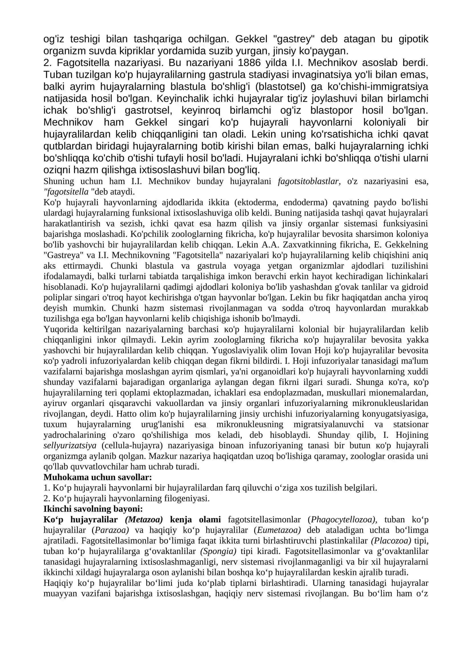 Mаvzu. Ko‘p hujayralilarning tana tuzilishi, simmetriya turlari. Ko‘p hujayralilar kenja olami klassifikatsiyasi. Fagotsitellasi-monlar va Parazoalar katta bo‘limlarii. Plastinkalilar va G’ovaktanlilar tiplari 2