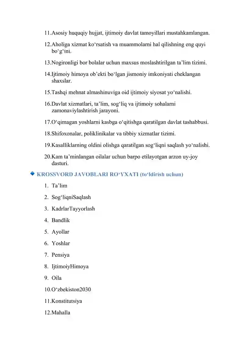 KROSSVORD – “Ijtimoiy sohadagi islohotlar” 2