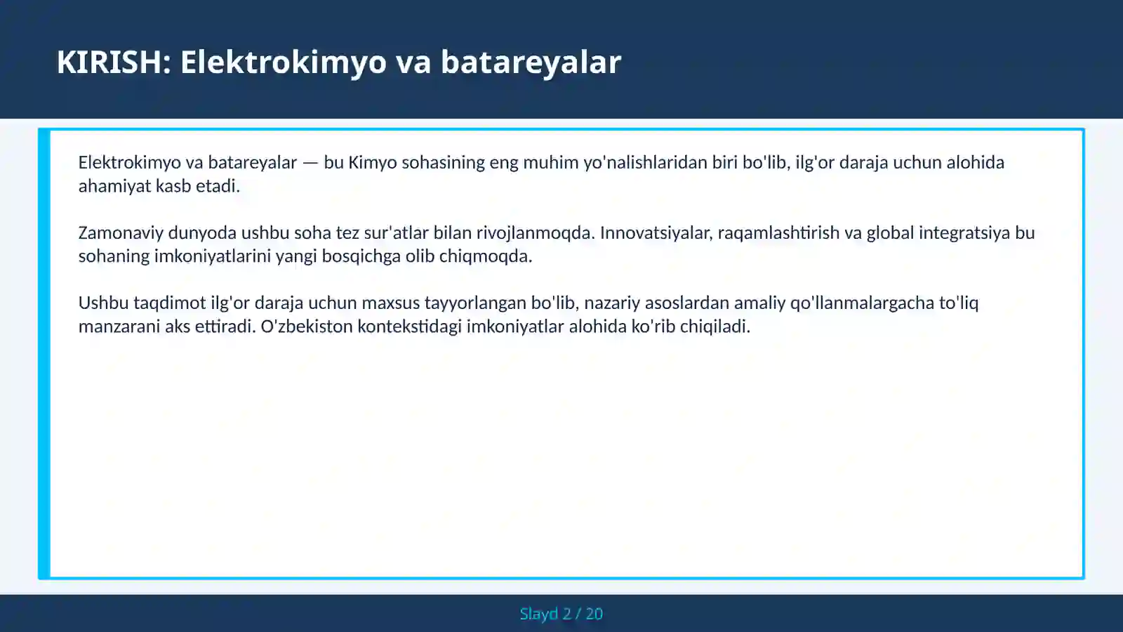 Elektrokimyo va batareyalar 2