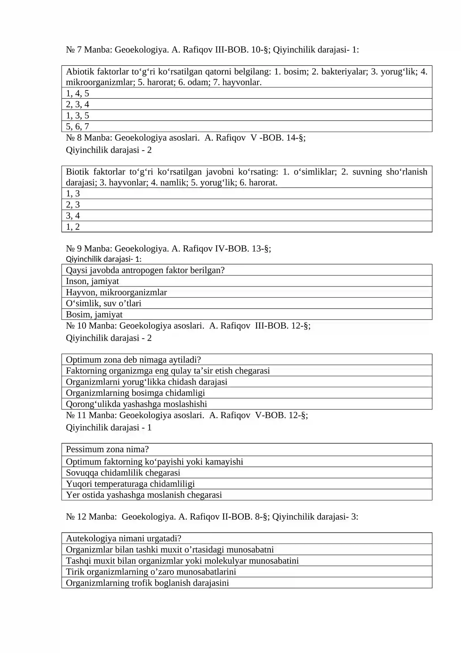 Geoekologiya fanidan test savollari 2
