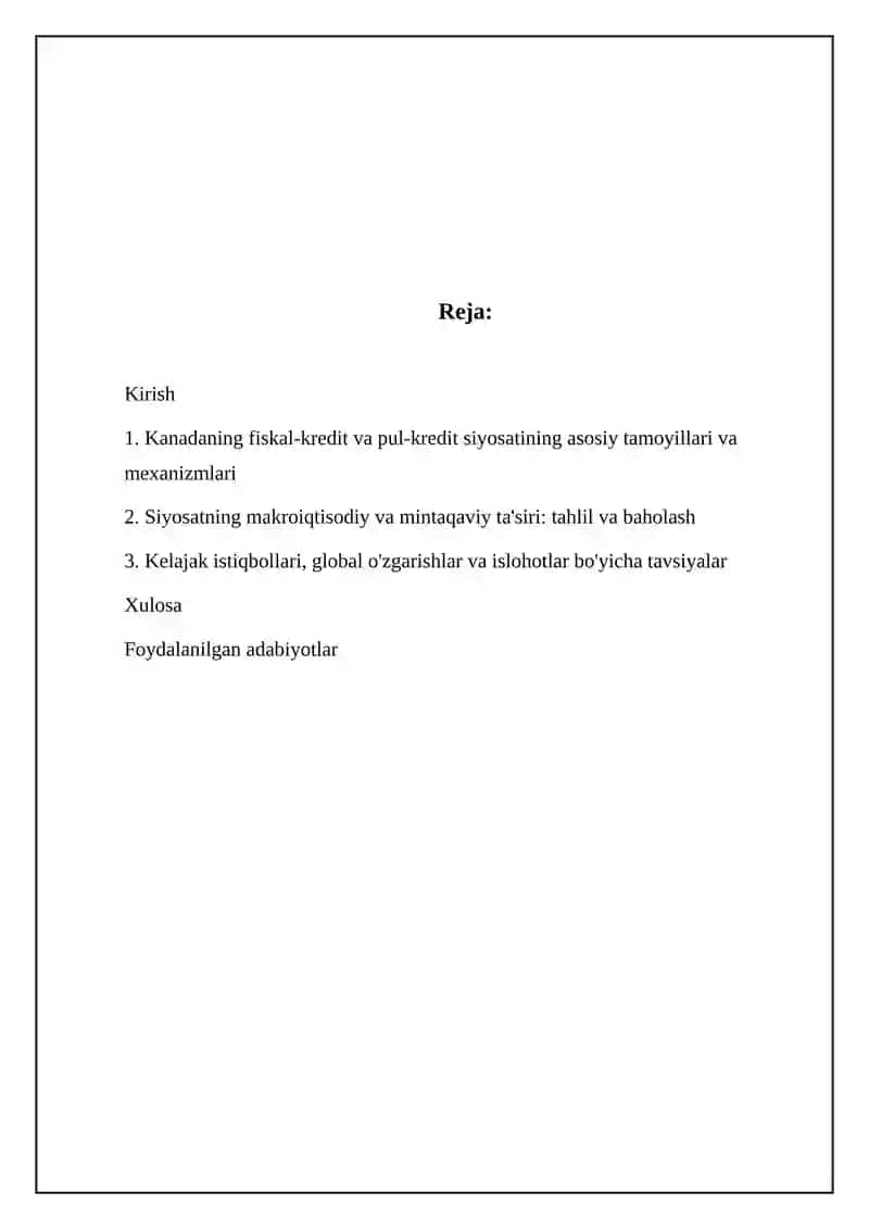 REFERAT: Kanadaning Pul-Kredit va Monetar Siyosati Tahlili 2