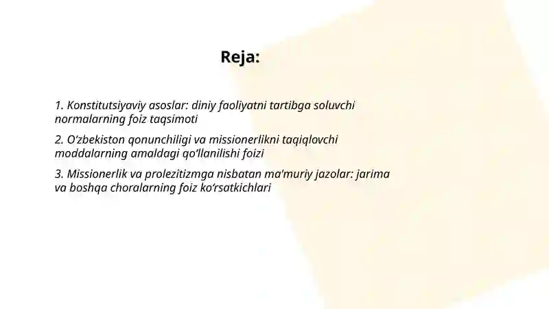 Missionerlik va prolezitizmning Õzbekistonda faoliyat kòrsatishiga taqiqlovchi qonuniy sabablar va oqibatlari (foizi) 2