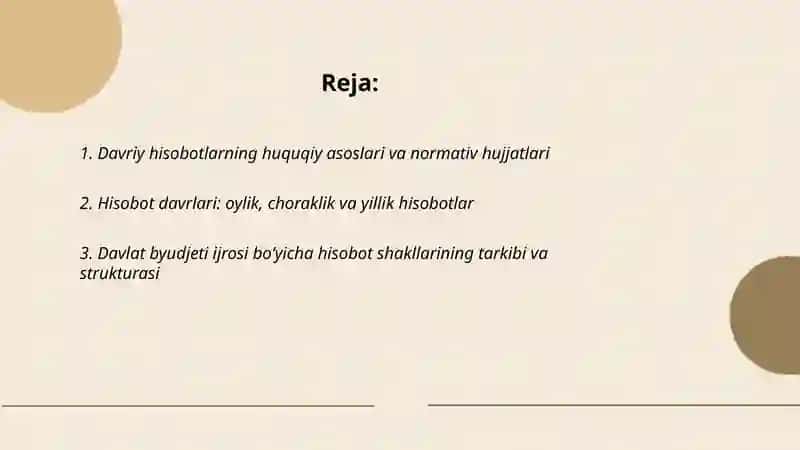 Davlat byudjeti va davlat maqsadli jamg‘armalari byudjeti ijrosi bo‘yicha davriy hisobotlarni shakllantirish 2