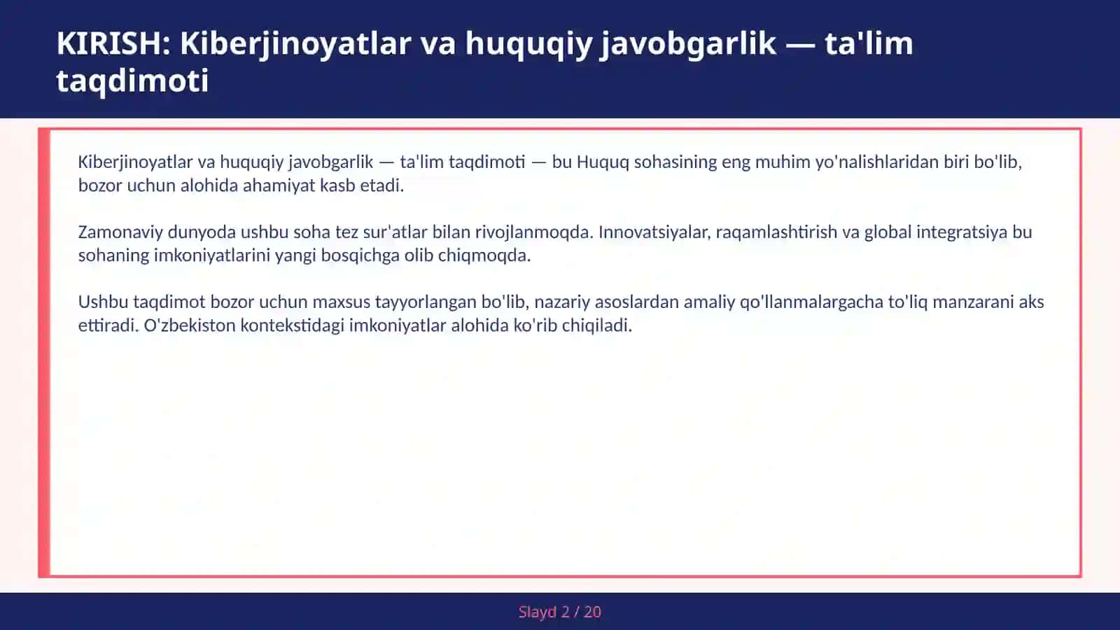 KIBERJINOYATLAR VA HUQUQIY JAVOBGARLIK — TA'LIM TAQDIMOTI 2