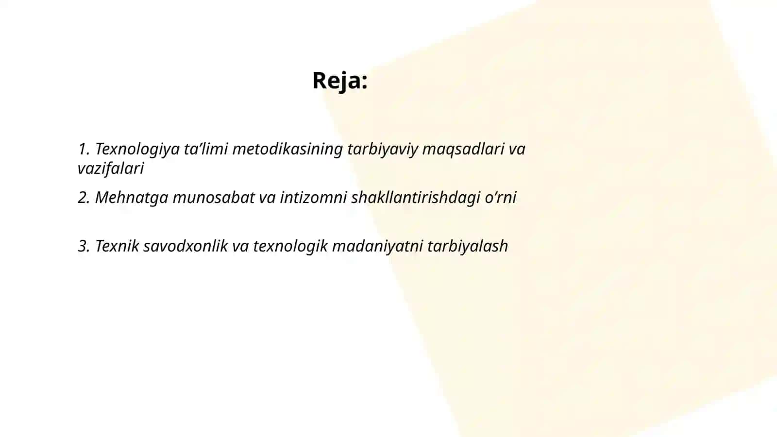 Texnologiya taʼlimi metodikasi fanining tarbiyadagi oʼrni nimalardan iboratligini aniqlash 2