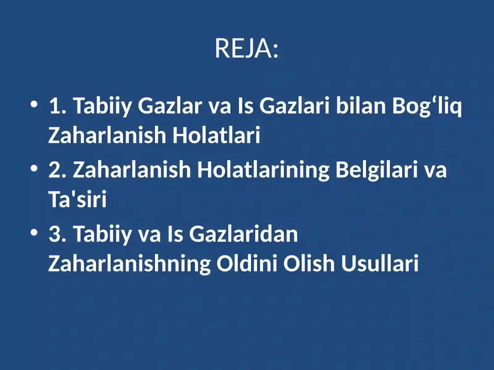 Tabiiy va is gazlari bilan bog`liq sodir bo`lishi mumkin bo`lgan zaharlanish holatlarini oldini olish va jarohatlanganda birinchi tibbiy yordam ko`rsatish 2