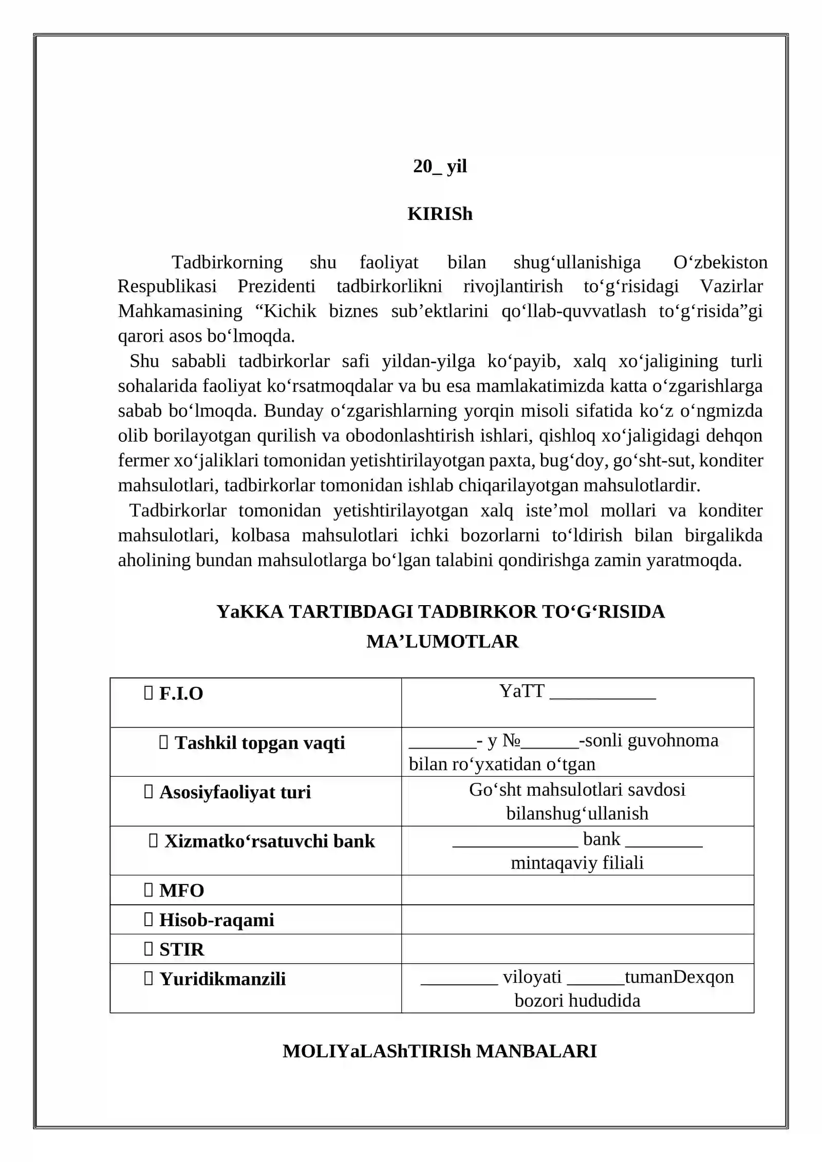 GO‘ShT MAHSULOTLARI SAVDOSI BILAN ShUG‘ULLANISH BIZNES-REJASI 2