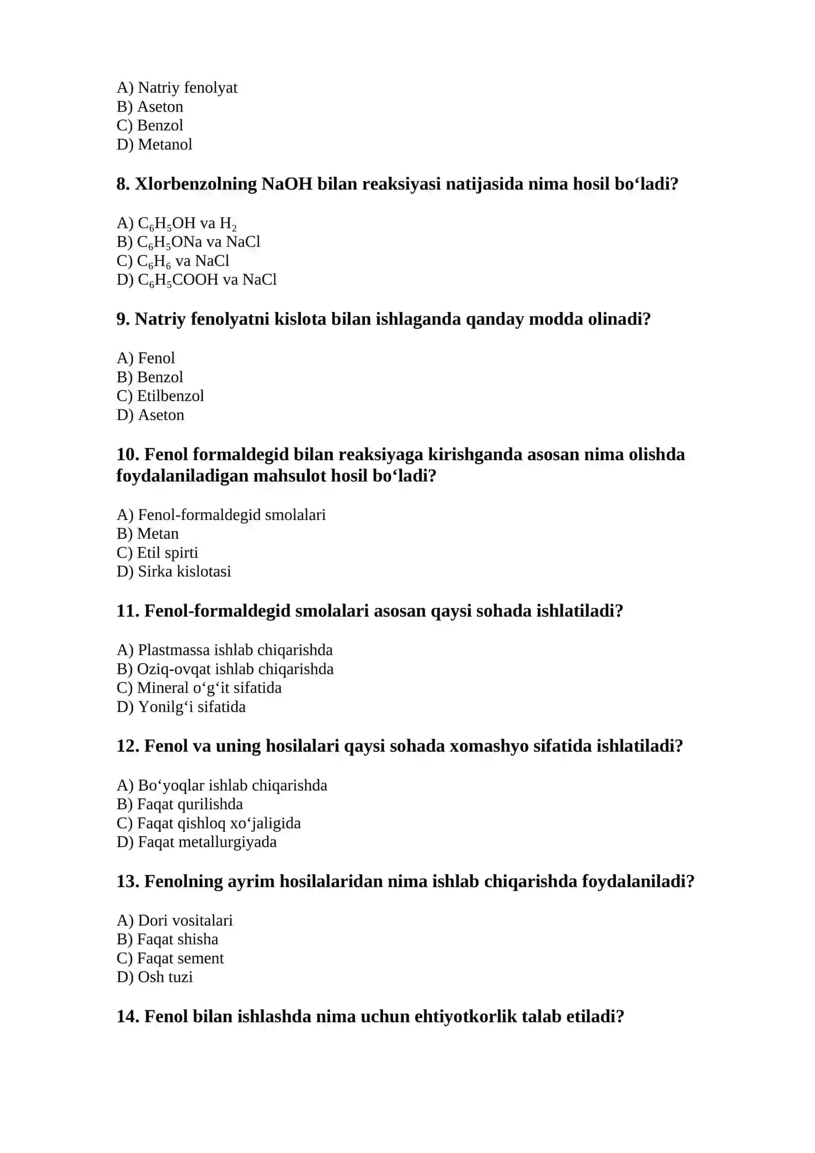 Fenollarning olinishi va ishlatilishi — 15 ta test 2