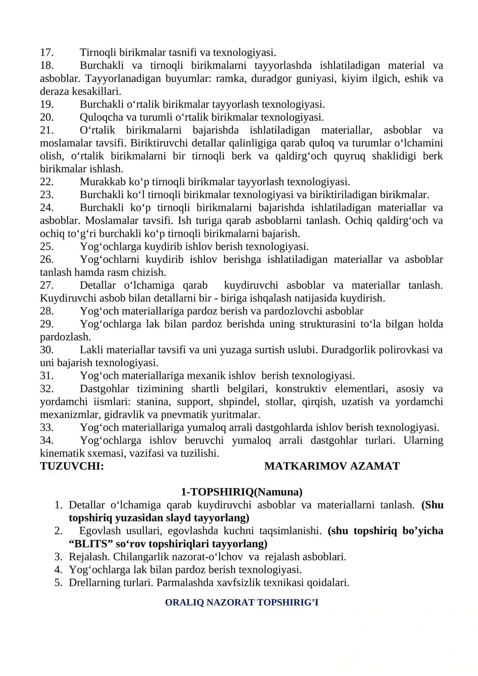 Texnologiya ta’limi praktikumi fanidan ORALIQ NAZORAT uchun topshiriq №1 2