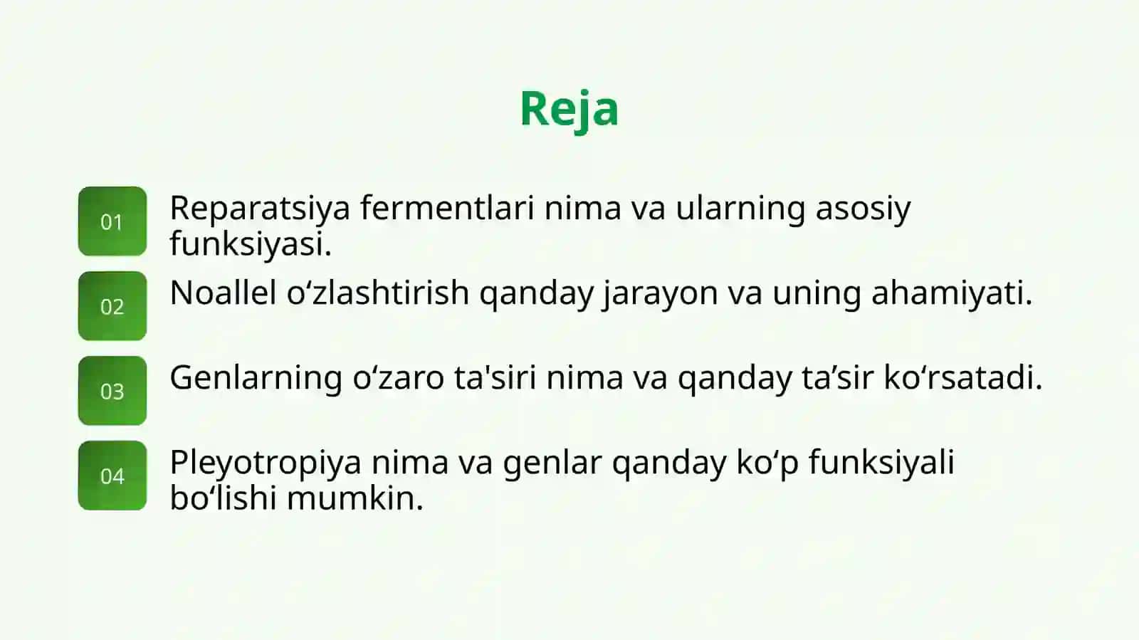 Reparatsiya fermentlari faoliyatining xilma-xilligi. Noallel oʻzlashtirish, genlarning  oʻzaro ta'siri. Pleyotropiya. 2