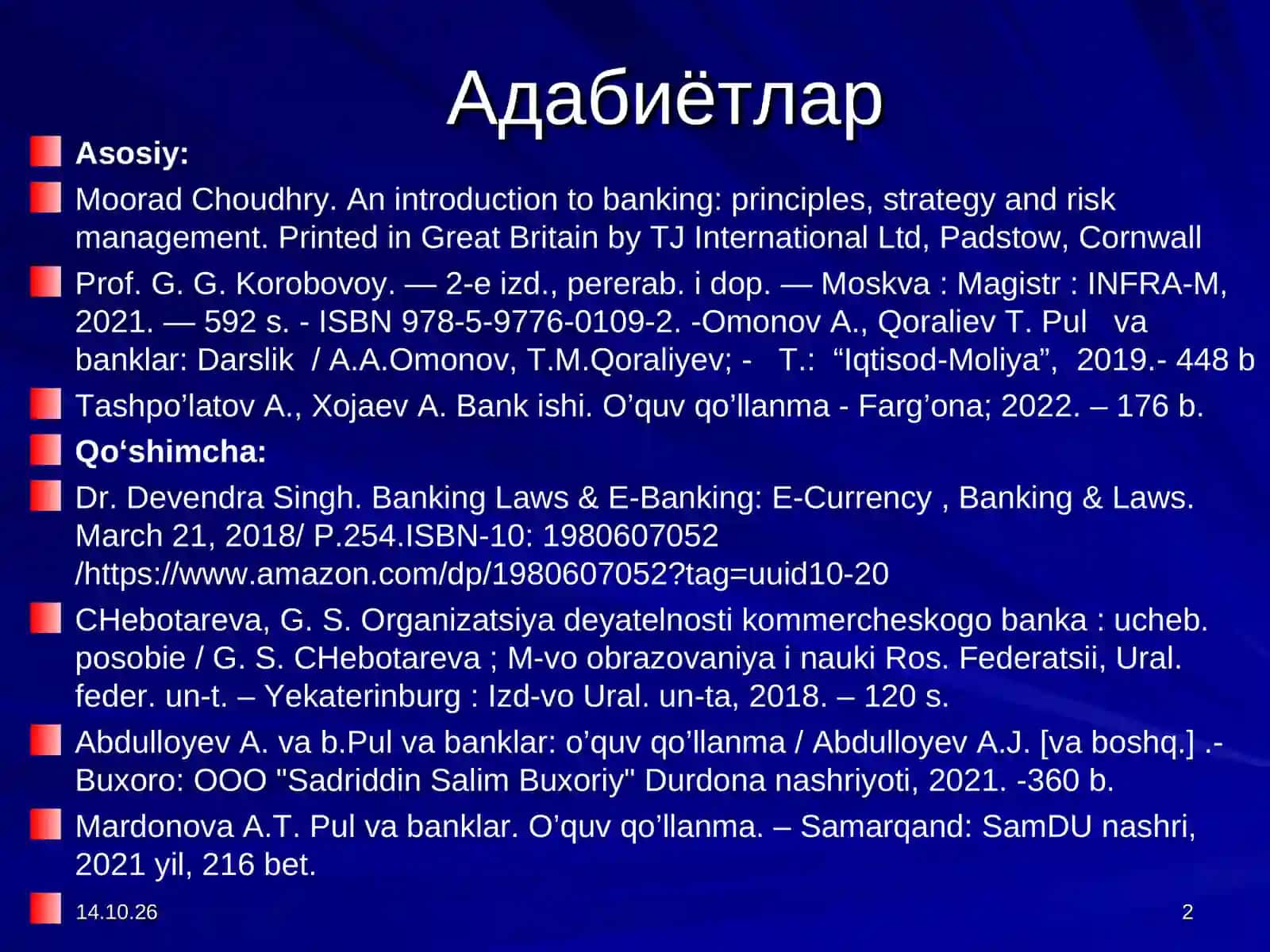 ТИЖОРАТ БАНКЛАРИНИНГ ТАШҚИ ИҚТИСОДИЙ ФАОЛИЯТИ ВА ВАЛЮТА ОПЕРАЦИЯЛАРИ 2