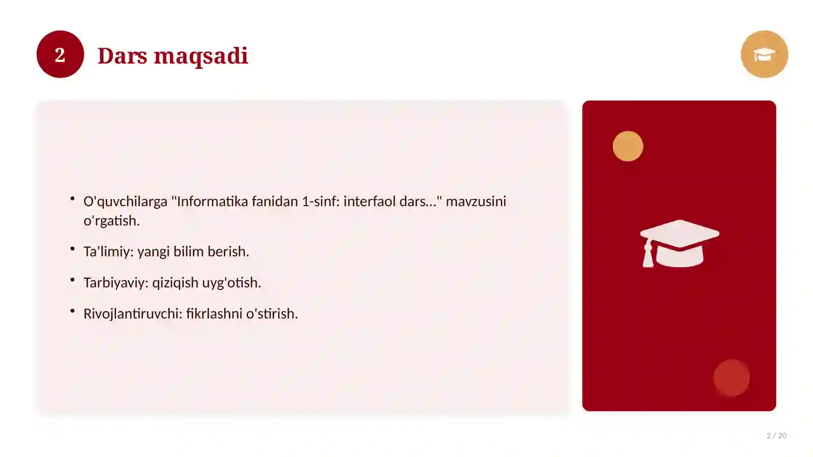 Informatika fanidan 1-sinf: interfaol dars ishlanmasi 2