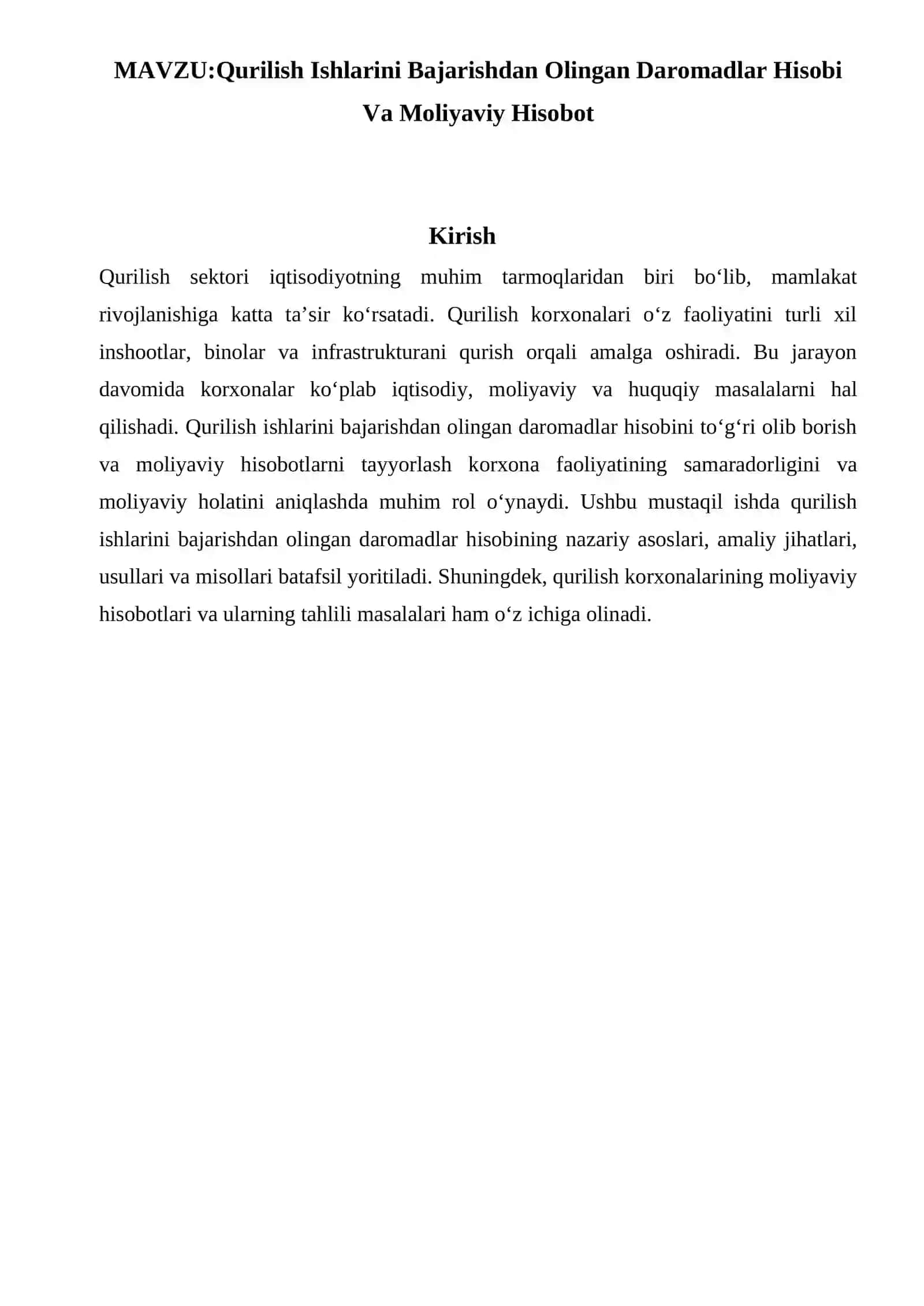 Qurilish Ishlarini Bajarishdan Olingan Daromadlar Hisobi Va Moliyaviy Hisobot 2
