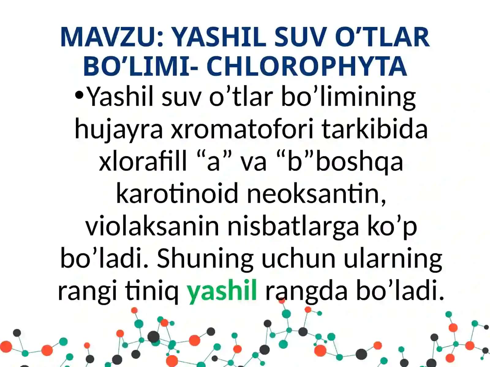 YASHIL SUV O’TLAR BO’LIMI –CHLOROPYTA 2