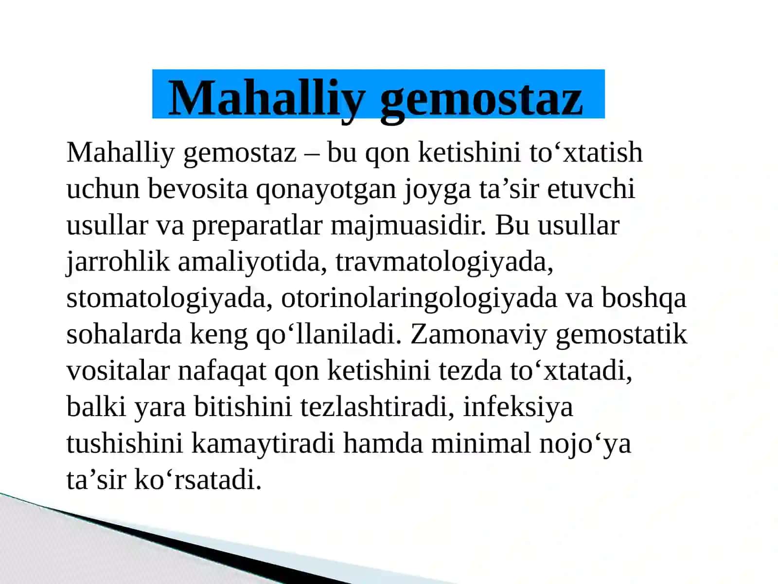 Mahalliy gemostaz uchun zamonaviy dori-vositalar 2