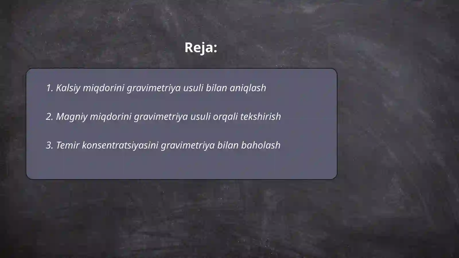 gravimetriya usulida mutaxassisligiga qarab kalsiy,magniy,temir,alyuminiy va oltingugurt miqdorini aniqlash 2