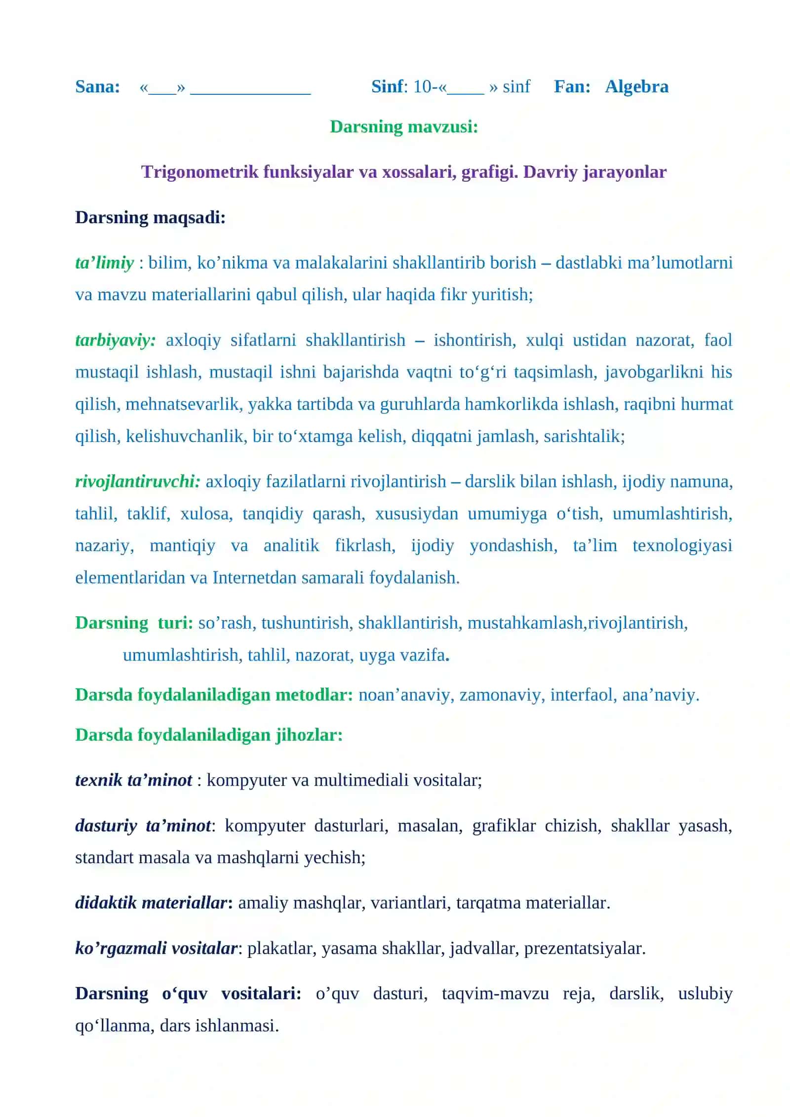 10-sinf Algebra. Trigonometrik funksiyalar va xossalari, grafigi. Davriy jarayonlar 2