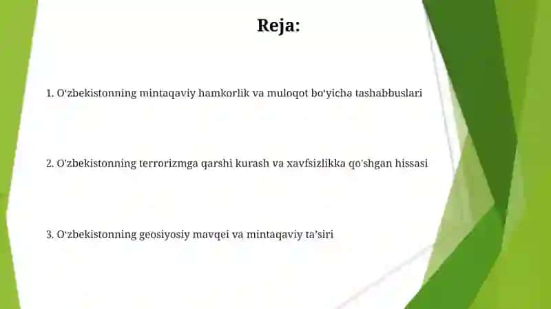 O'zbekistonning Markaziy Osiyoda tinchlik va barqarorlikni ta'minlashdagi o'rni. 2