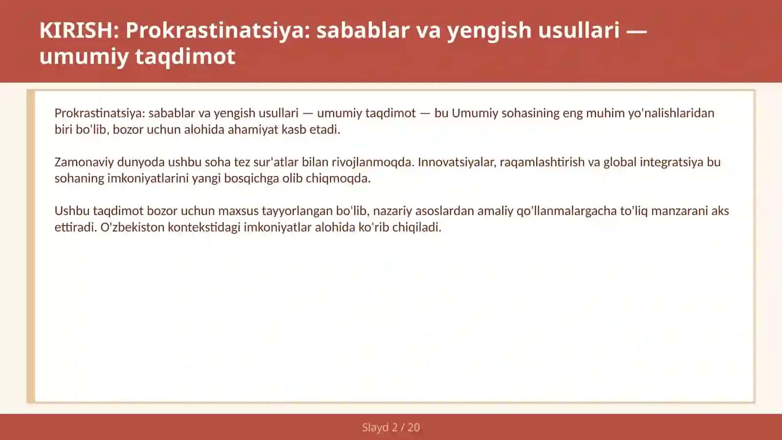 Prokrastinatsiya: Sabablar va Yengish Usullari — Umumiy Taqdimot 2