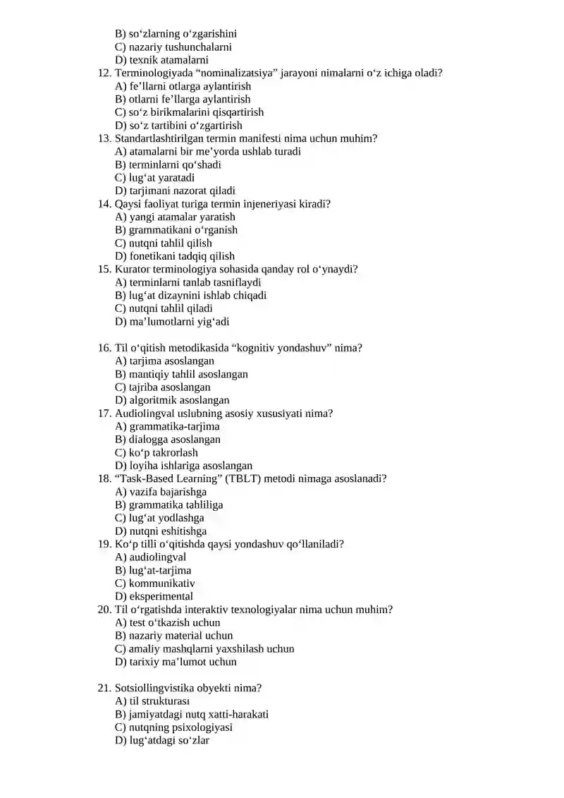 Amaliy tilshunoslik fanidan test savollari 2