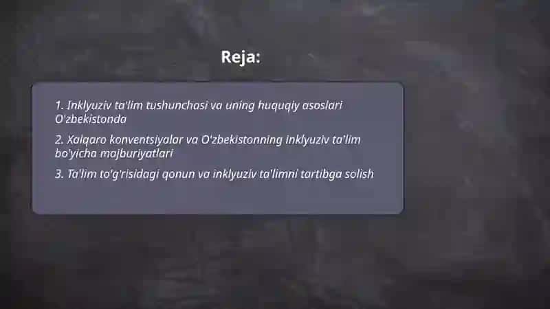 O'zbekistonda inklyuziv ta'limni rivojlantirish konsepsiyasi. Huquqiy masalalar 2