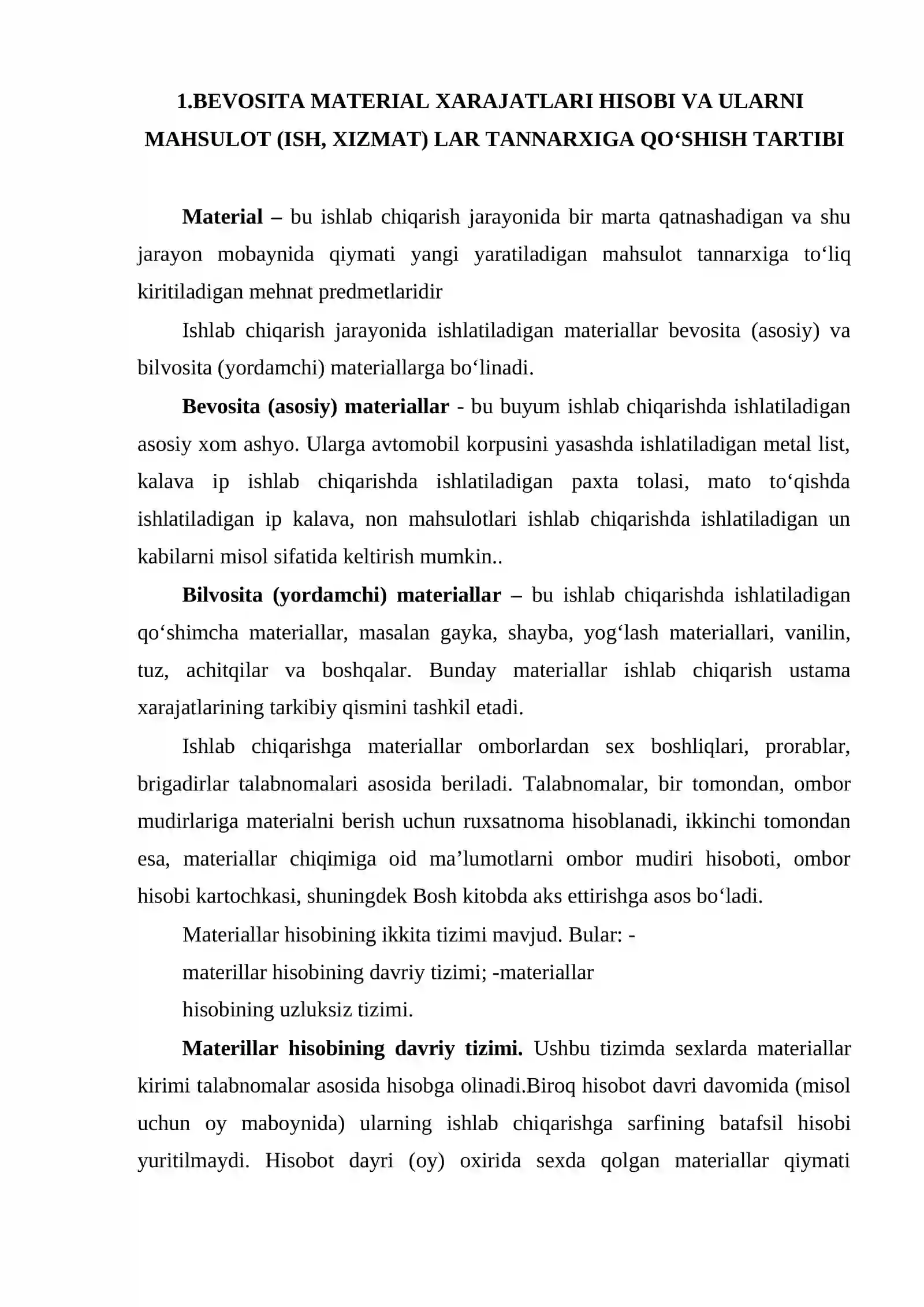 BEVOSITA MATERIAL XARAJATLARI HISOBI VA ULARNI MAHSULOT (ISH, XIZMAT) LAR TANNARXIGA QO‘SHISH TARTIBI 2