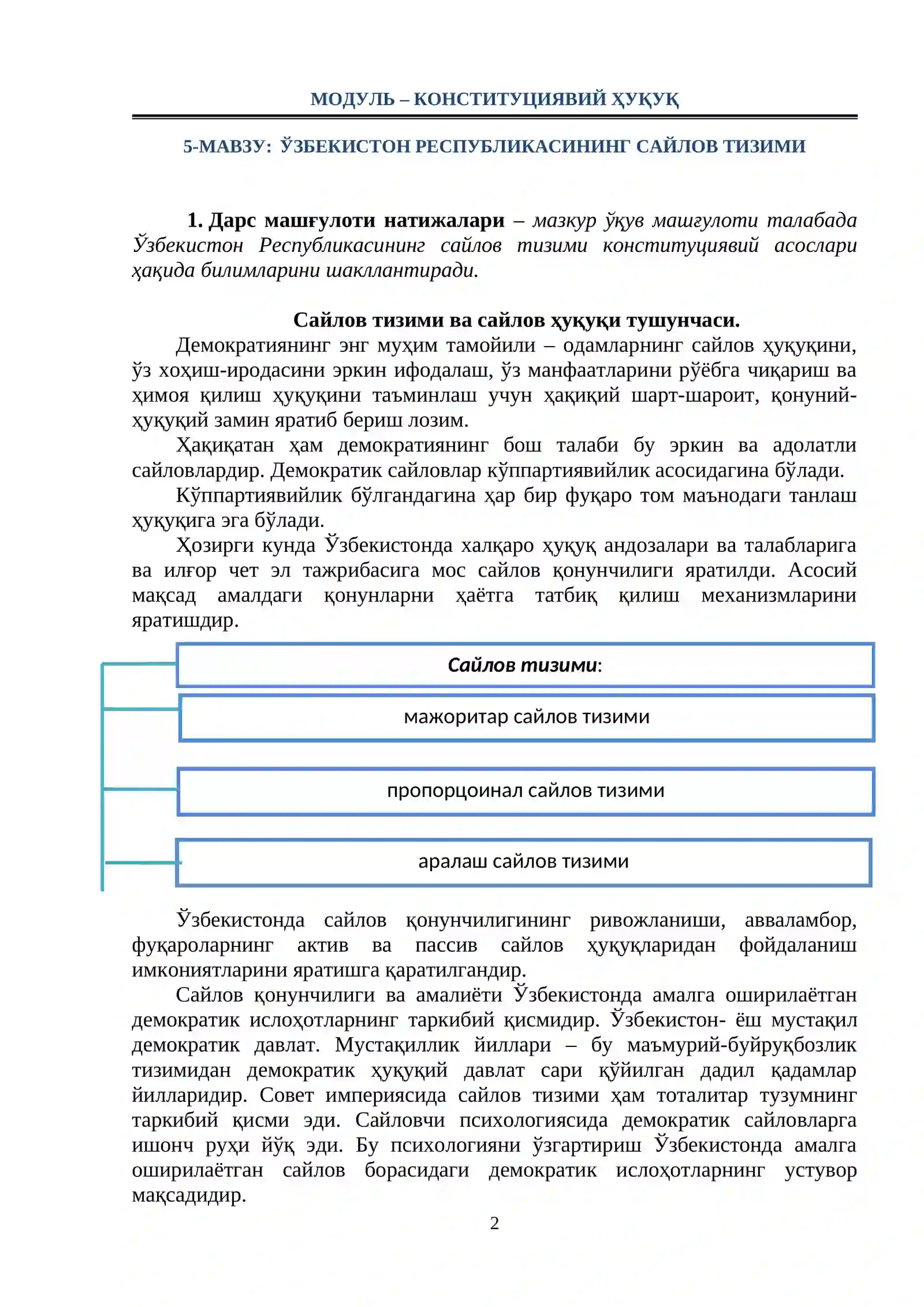 5-мавзу:  ЎЗБЕКИСТОН РЕСПУБЛИКАСИНИНГ САЙЛОВ ТИЗИМИ 2