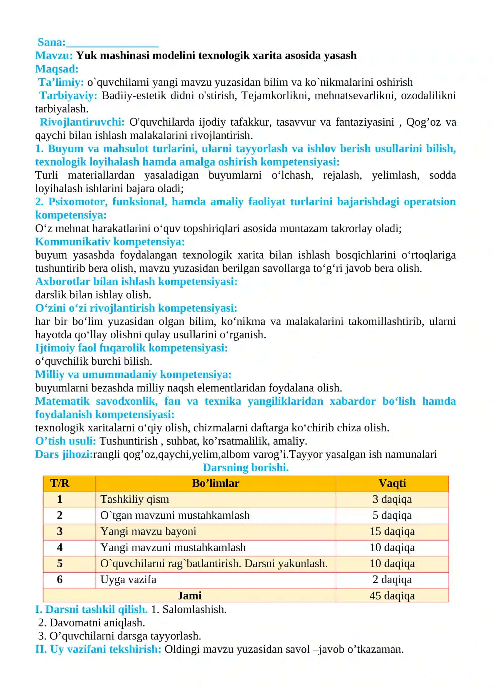 4-sinf Texnologiya Yuk mashinasi modelini texnologik xarita asosida yasash dars ishlanmasi 2