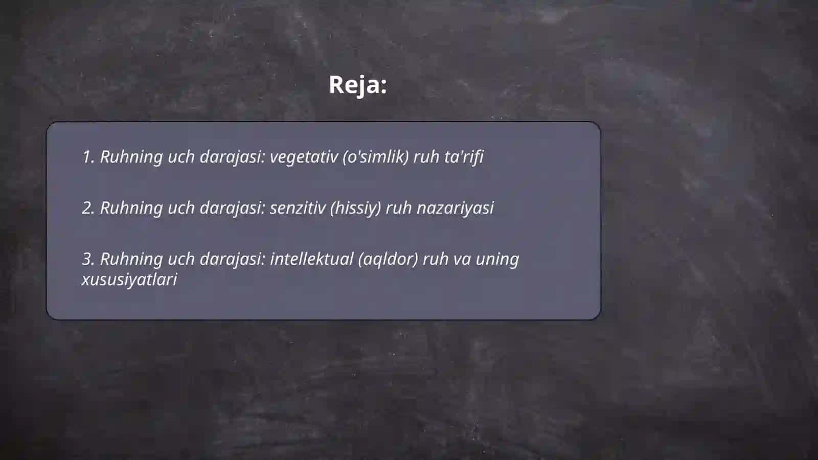 Aristotel falsafasi:ruhning uch darajasi, ideal holat, individ lar borliqning boshlanishi materiya va shaklning birligi haqida talimot Yo'ldosheva Xusnida 2