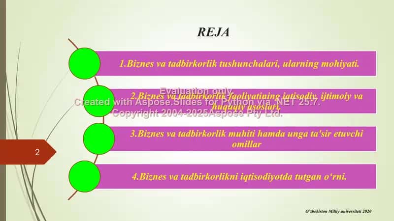 Biznes rejalashtirish: 1-maʼruza – Biznes va tadbirkorlikning mohiyati va mazmuni 2