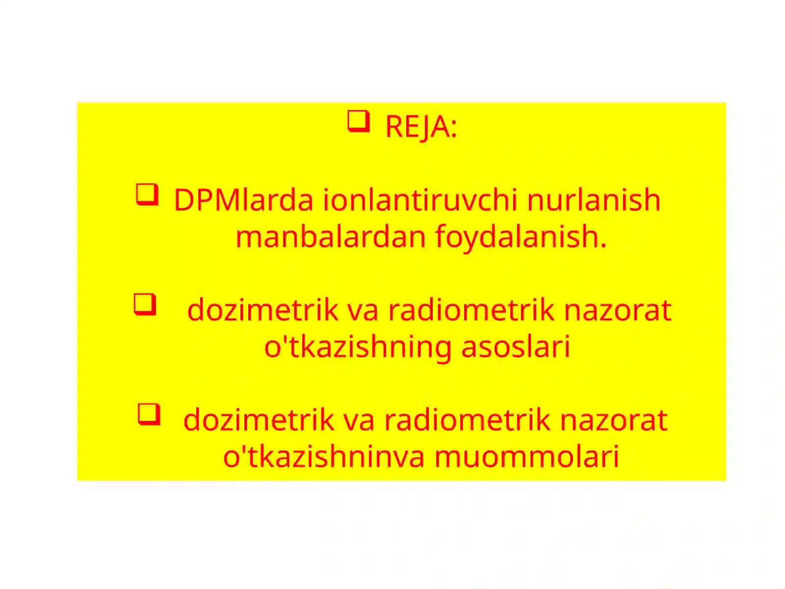 AbdumalikovSHavkatning Gigiyena,harbiygigiyena.Tibbiyekologiyafanidan,,DPMlardaionlantiruvchinurlanishmanbalardanfoydalangandadozimetrikvaradiometriknazorato'tkazishningasoslarivamuommolari 2