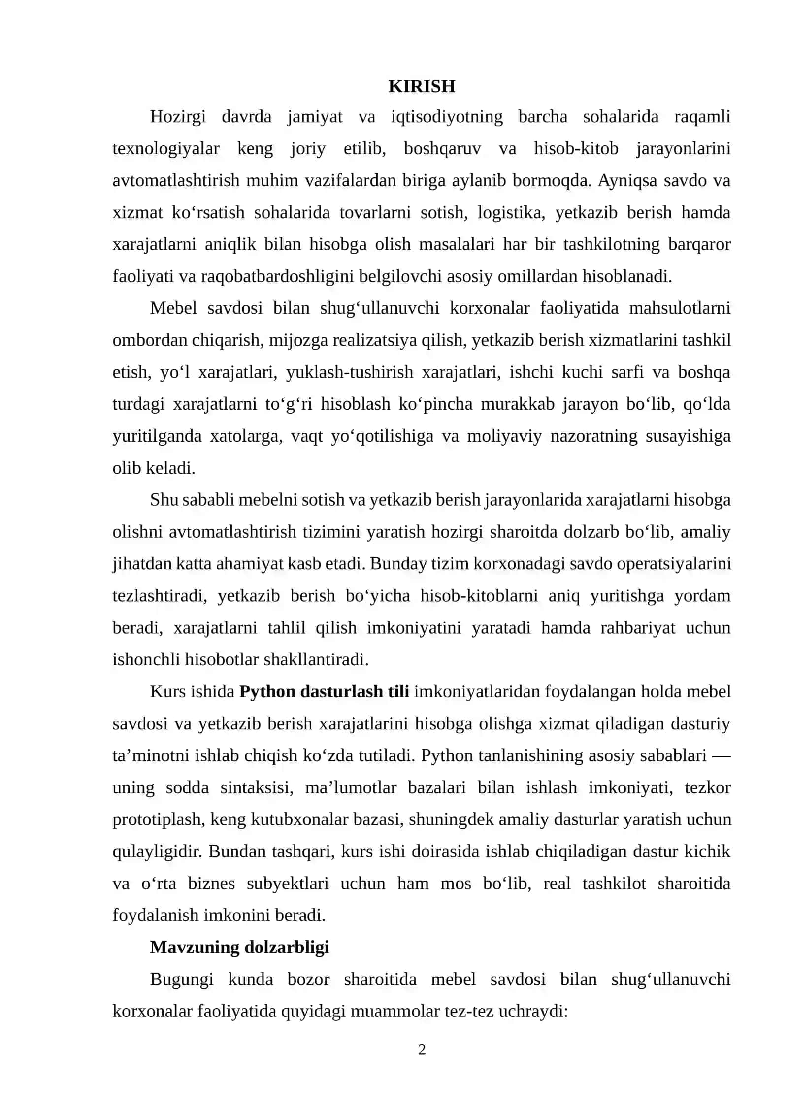 MEBELNI SOTISH VA YETKAZIB BERISH XARAJATLARINI HISOBGA OLISHNI AVTOMATLASHTIRISH TIZIMINI ISHLAB CHIQISH 2