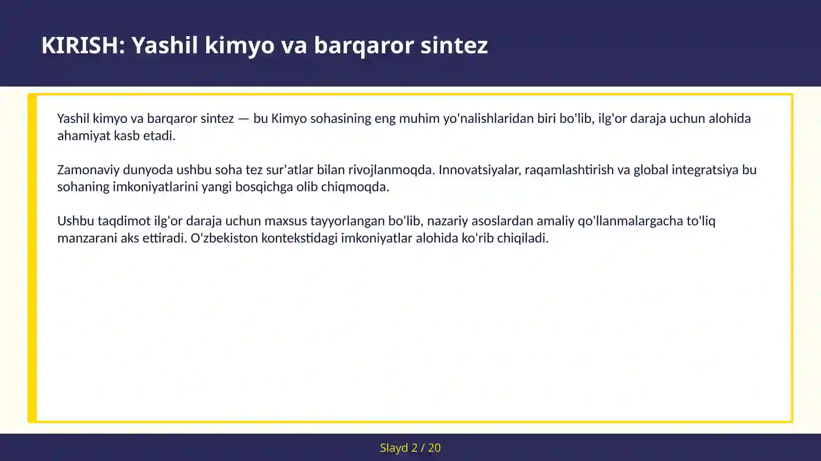 Yashil Kimyo va Barqaror Sintez 2