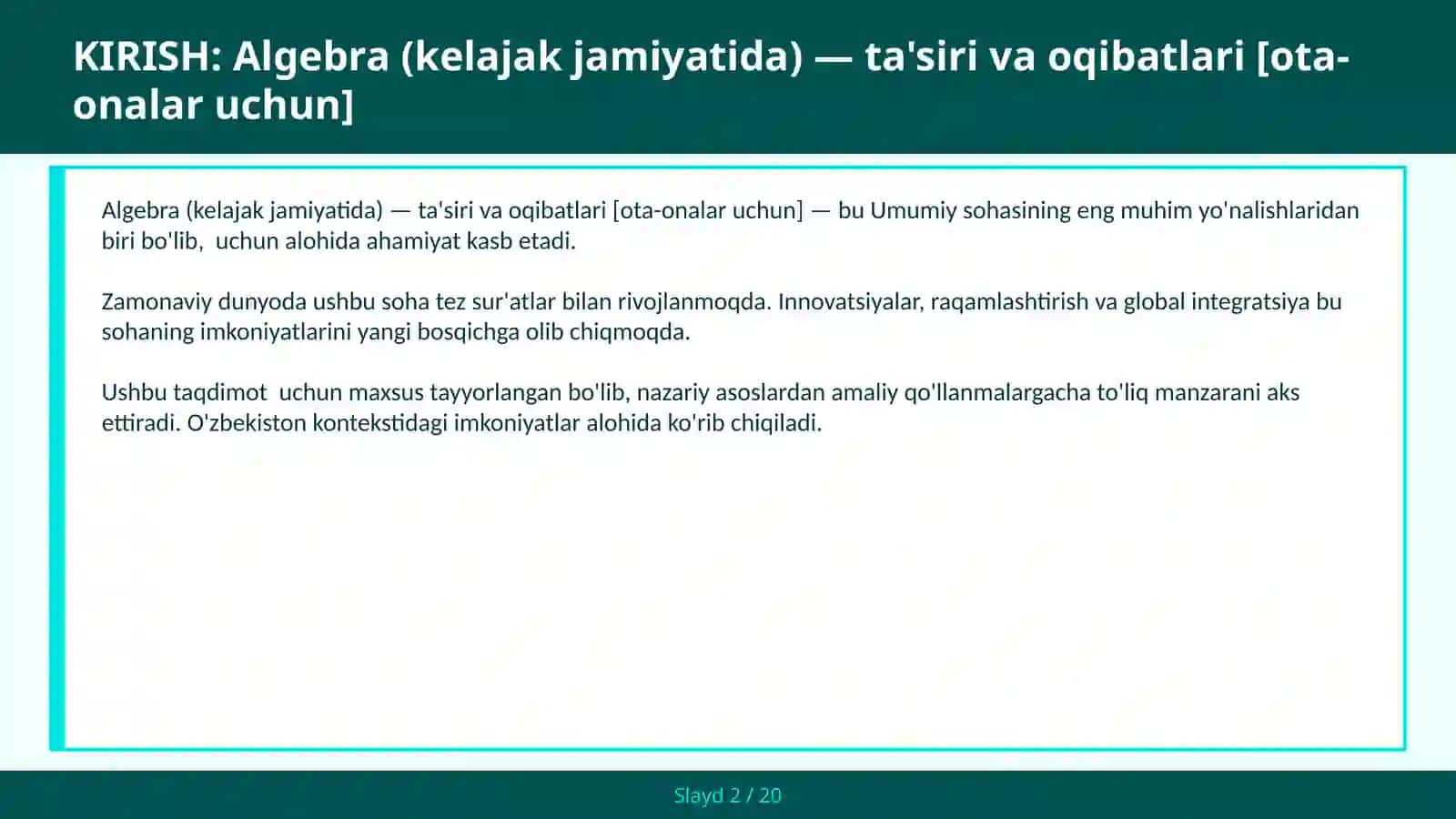 Algebra (kelajak jamiyatida) — ta'siri va oqibatlari [ota-onalar uchun] 2