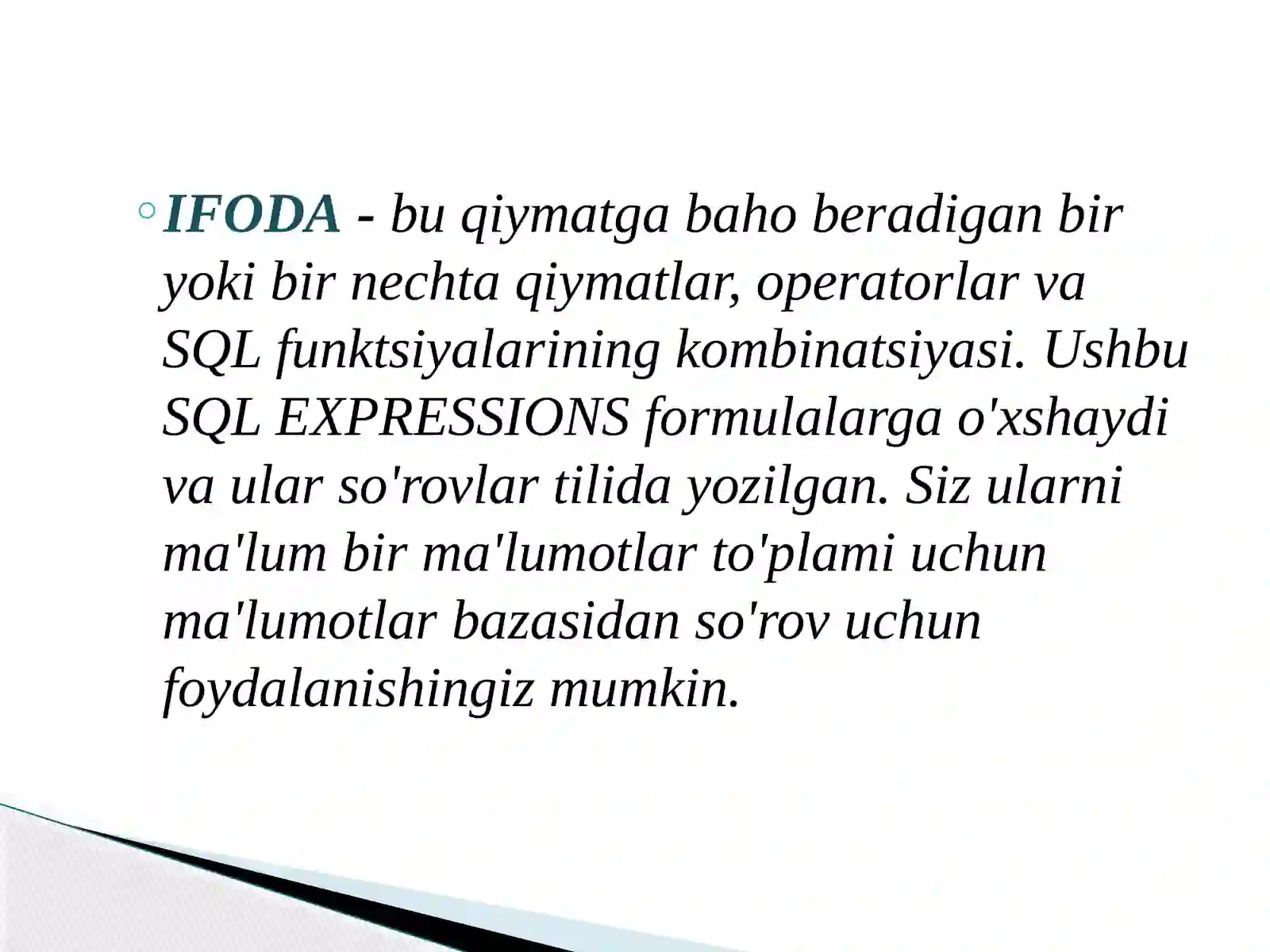 Sql serverda ifodalar va uning vazifalari 2
