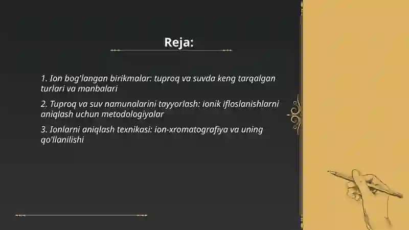 Tuproq va suvning ifloslanishidan ion boglanishli birikmalarni aniqlab ulardan tozalash g'oyasini ishlab chiqish 2