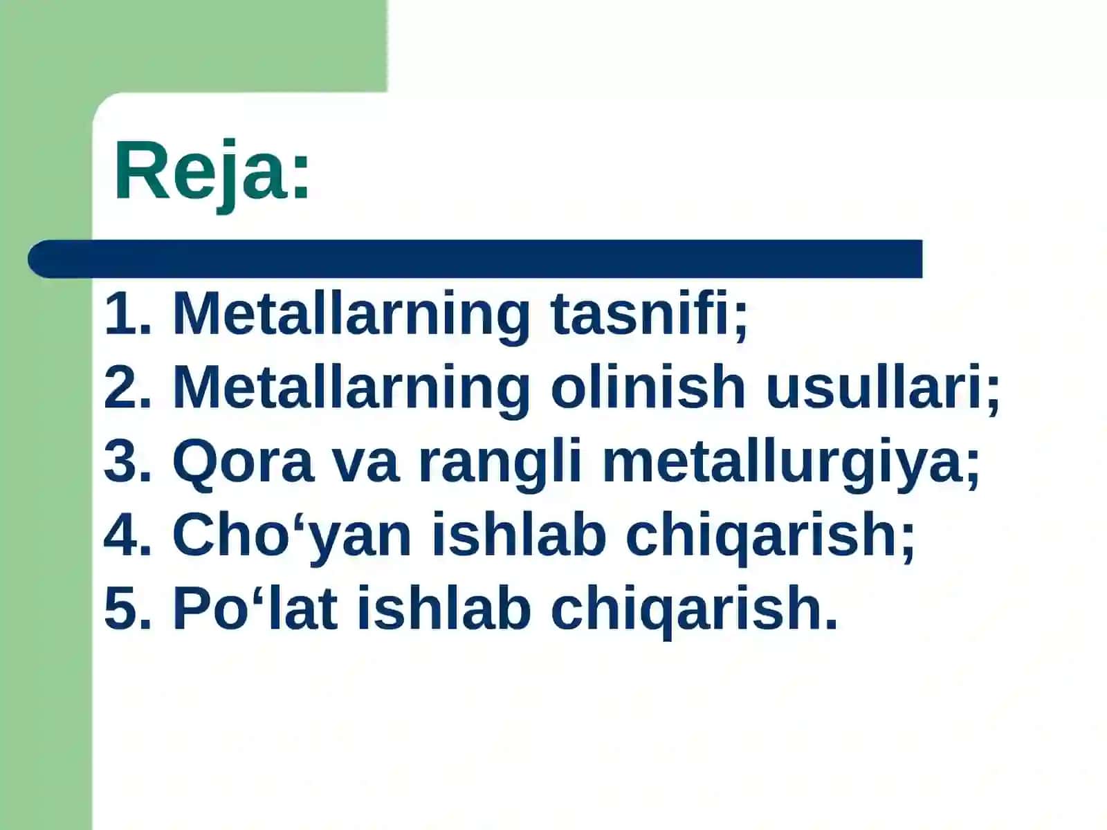 Metallurgiya. Metallarning tasnifi. Qora va rangli metallurgiya.Cho‘yan ishlab chiqarish.Po‘lat ishlab chiqarish 2