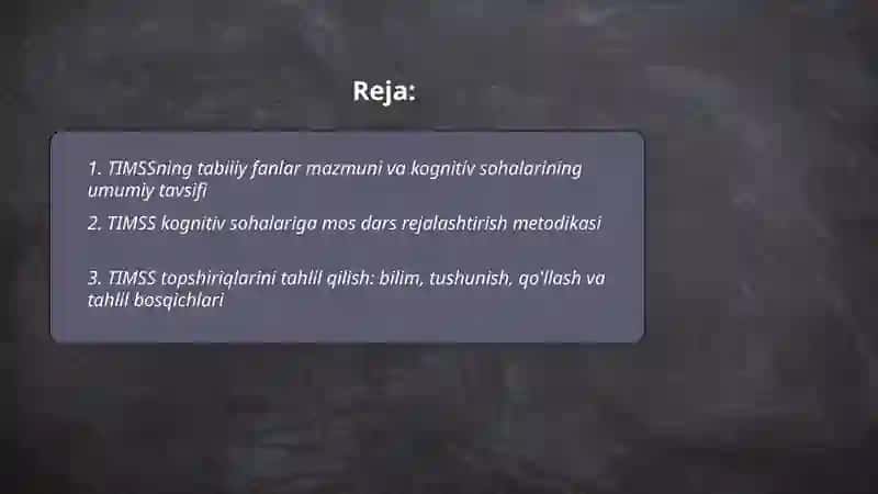 TIMSS xalqaro tadqiqotining tabiiy fanlar mazmuni boʻyicha kognitiv sohalarga doir topshiriqlar bilan ishlash metodikasi 2