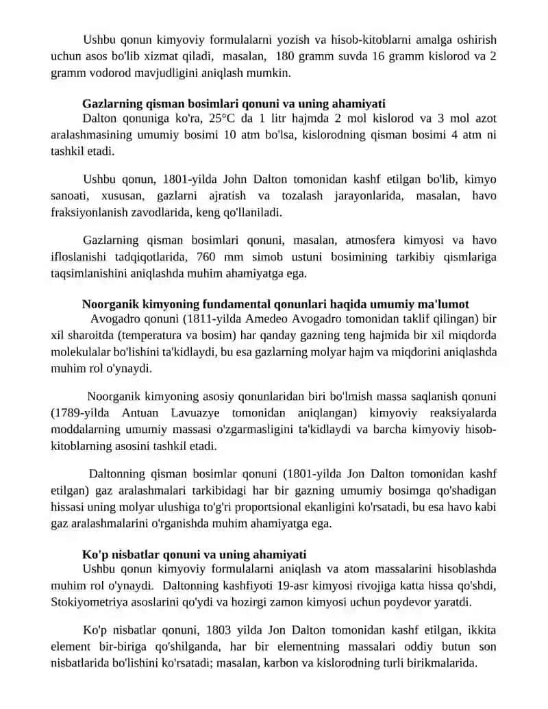 Anorganik kimyo fanining asosiy qonunlari hamda ularning ahamiyati haqida ma'lumotlar yozish 2