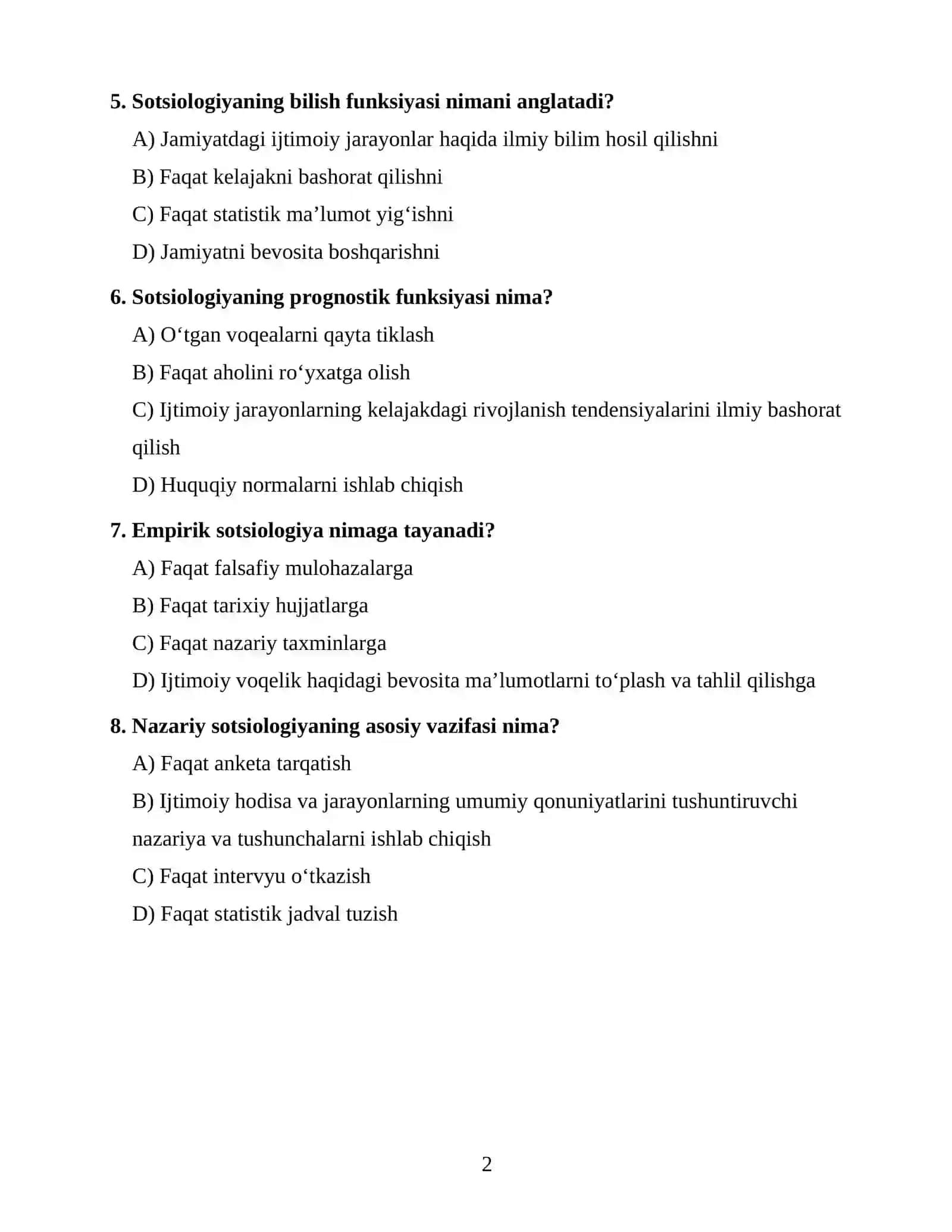 SOTSIOLOGIYA FANIDAN OTM 1-KURS UCHUN 100 TA TEST 2