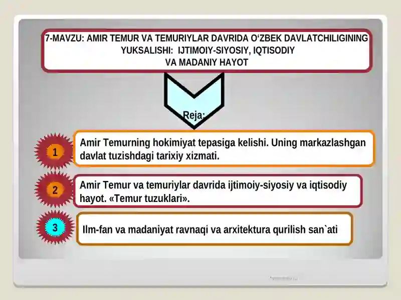 AMIR TEMUR VA TEMURIYLAR DAVRIDA O‘ZBEK DAVLATCHILIGINING YUKSALISHI:IJTIMOIY-SIYOSIY, IQTISODIY VA MADANIY HAYOT 2